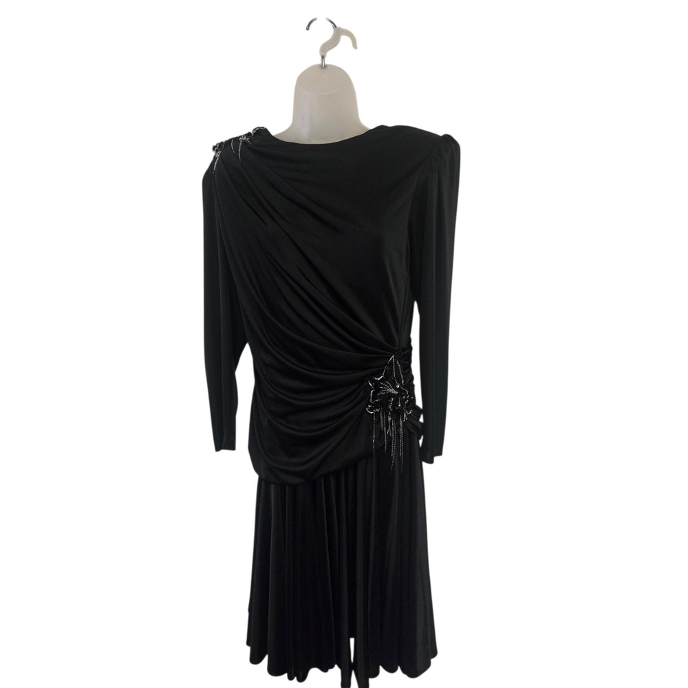 Vintage 80s Black Beaded Cocktail Dress‎ Draped Ruched Long Sleeve Drop Waist